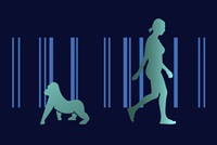 Illustrated silhouettes of a gorilla and a human figure are shown against the backdrop of a bar code image.